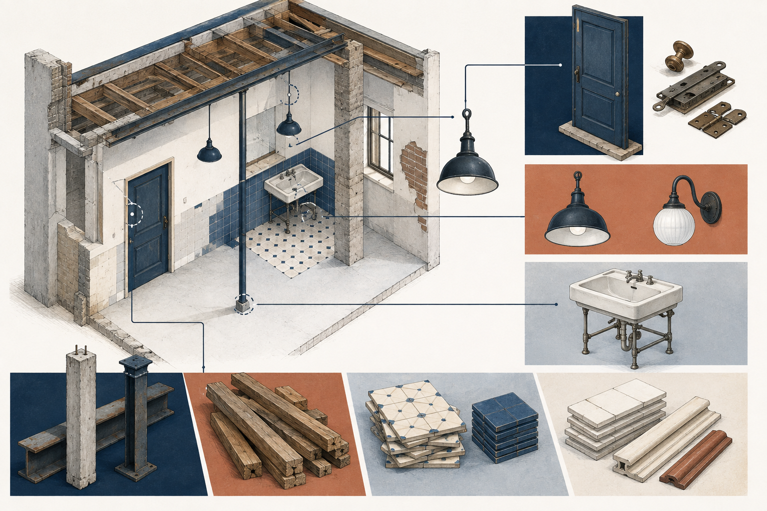 Illustration eines Inventars wiederverwendbarer Bauteile.