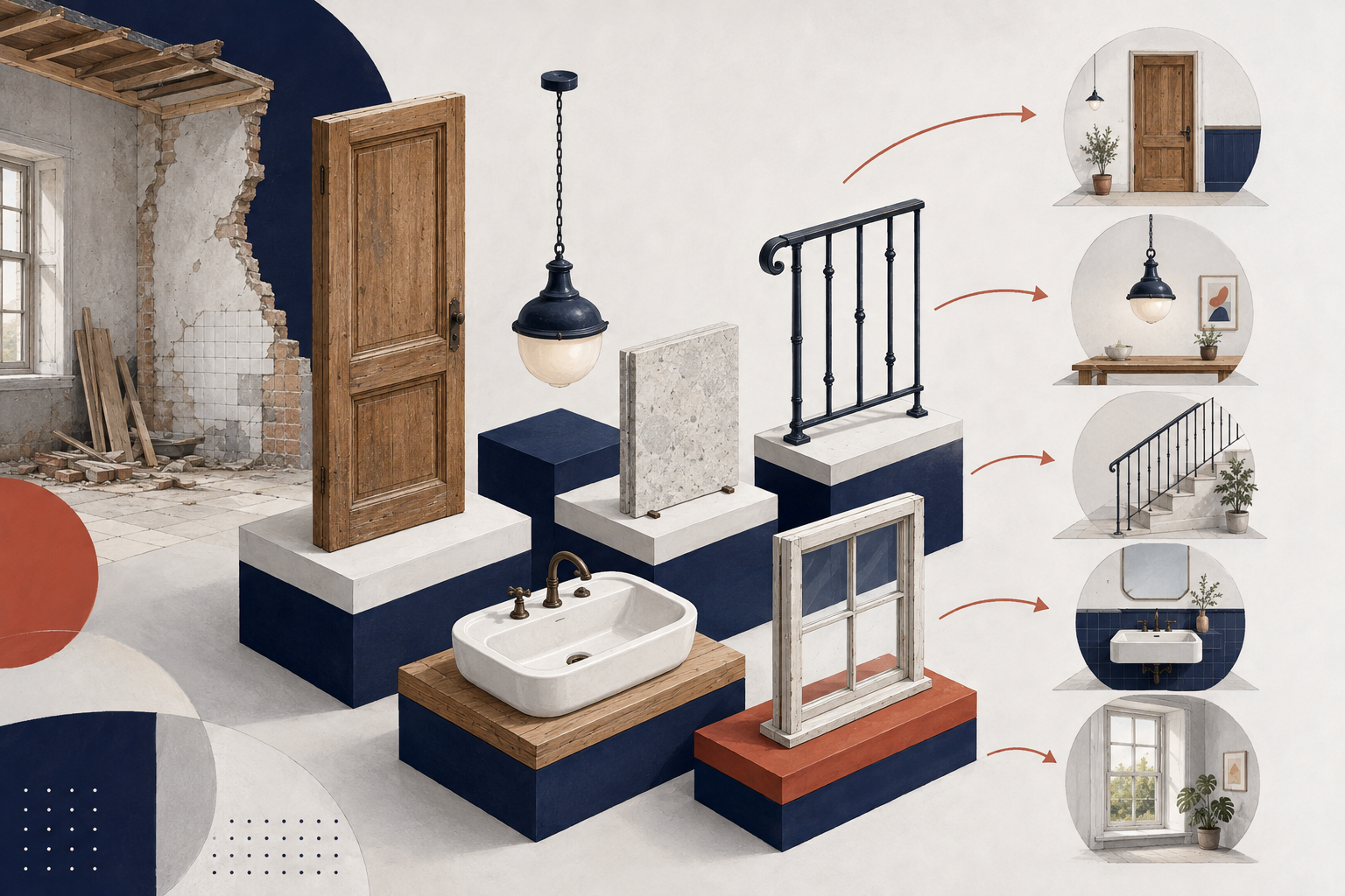 Illustration einer Liste von Materialien, die erhalten oder wiederverwendet werden können.