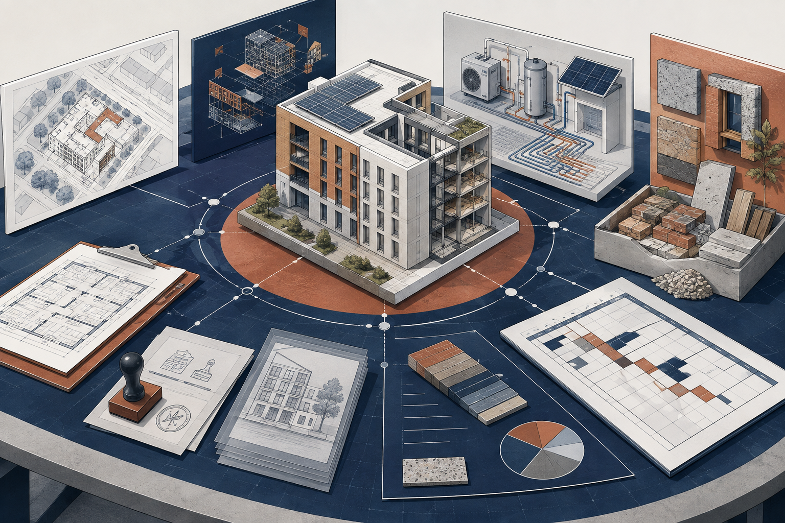 Veranschaulicht die Abstimmung zwischen Architektur, Energie, Materialien und Zeitplan.
