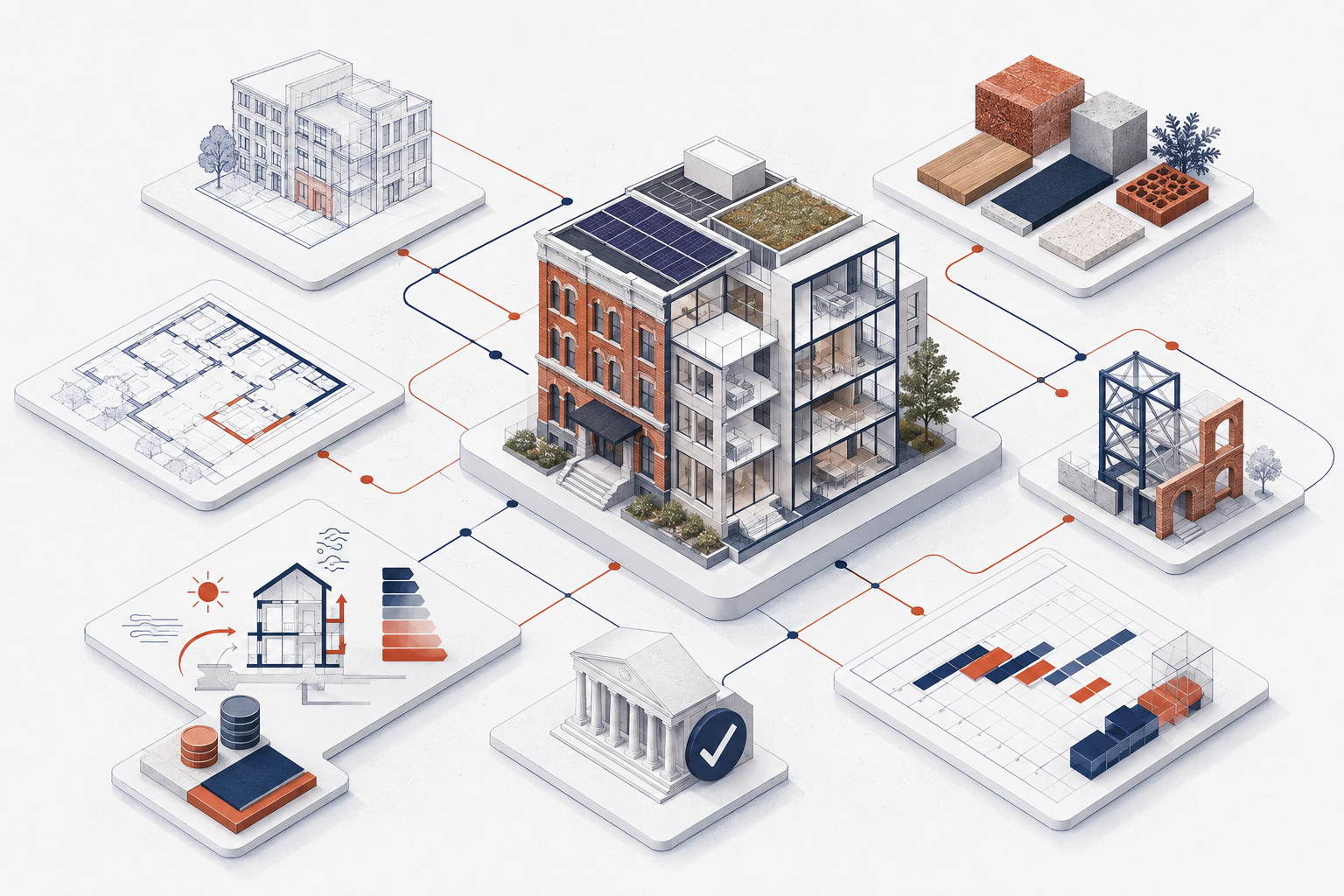 Veranschaulicht die Abstimmung zwischen Architektur, Energie, Materialien und Zeitplan.