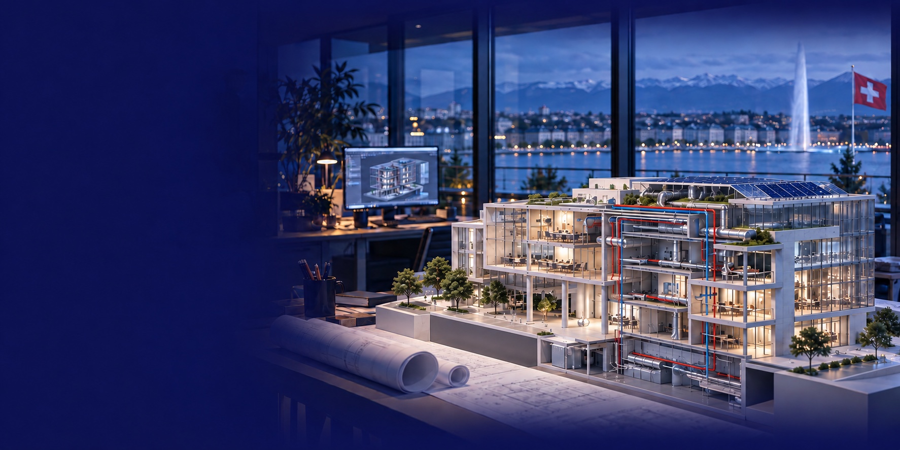 Illustration d’une maquette architecturale et de ses installations techniques, avec Genève en arrière-plan
